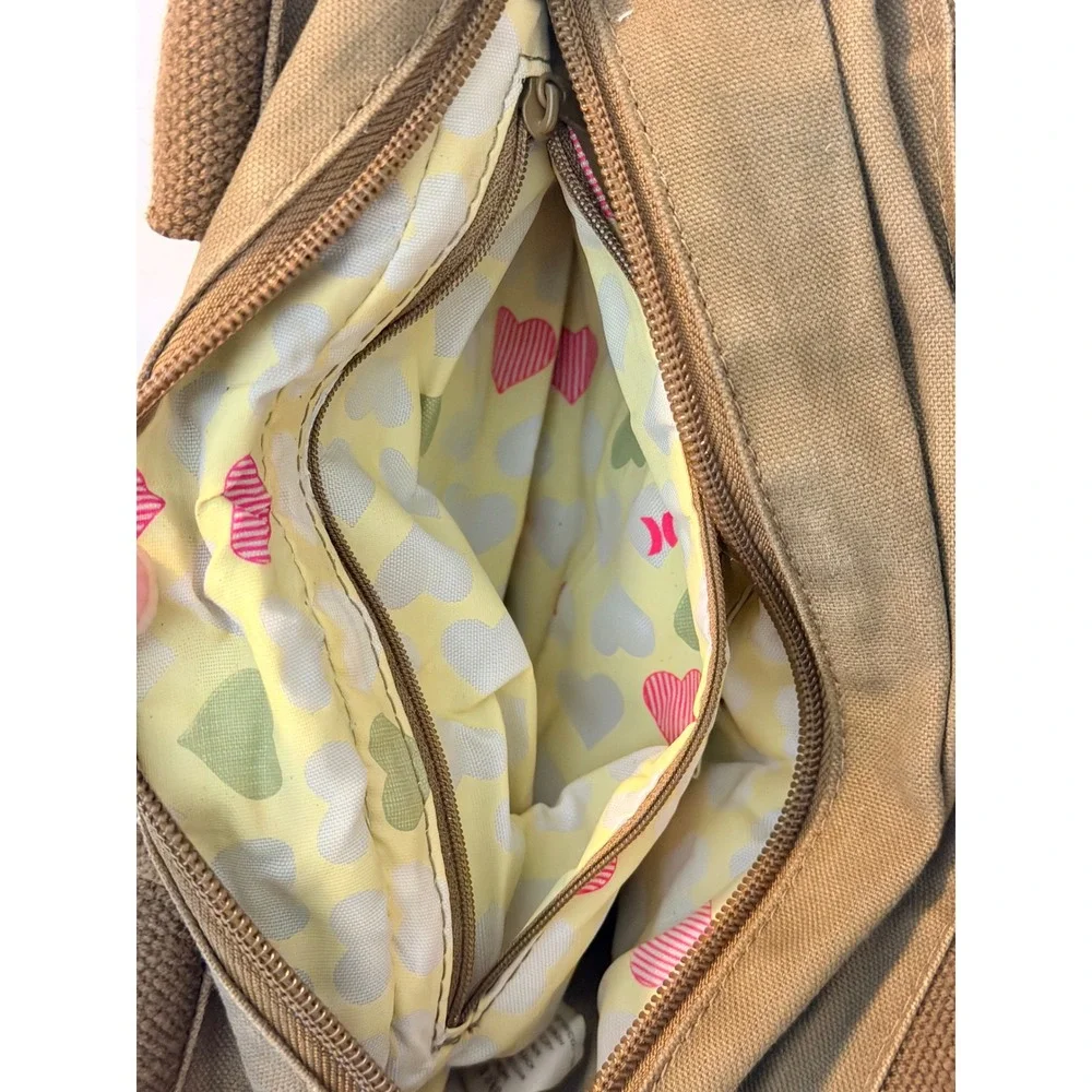 Hurley Canvas Tote Bag Olive Green Utility Multi Pocket Heart Print Lining
